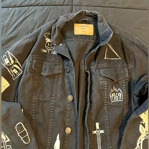 Unique Black Jean Jacket with white graphic accents